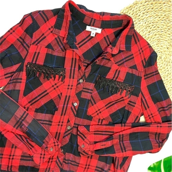 Kenzie Jeans Red and Black Button Crochet Double Breasted Pocket Blouse M - Picture 15 of 15